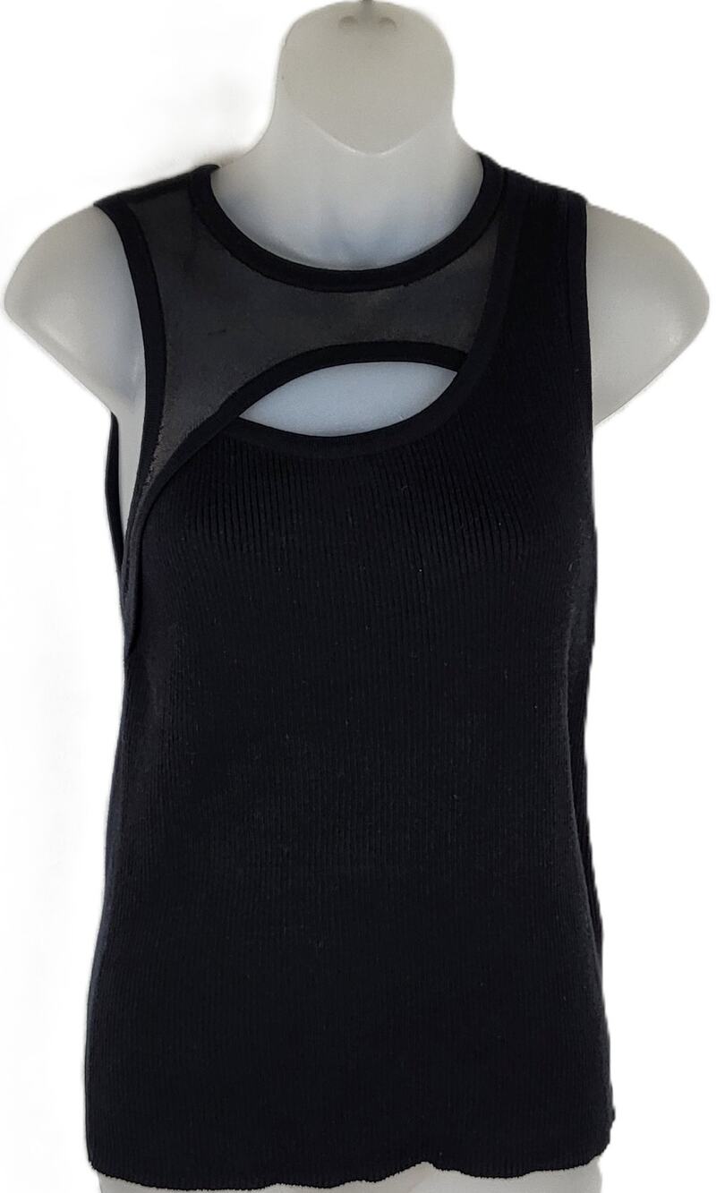 DKNY Cut-Out Sleeveless Asymmetrical Mesh Sweater Knit Tank Top Black M NWT $69